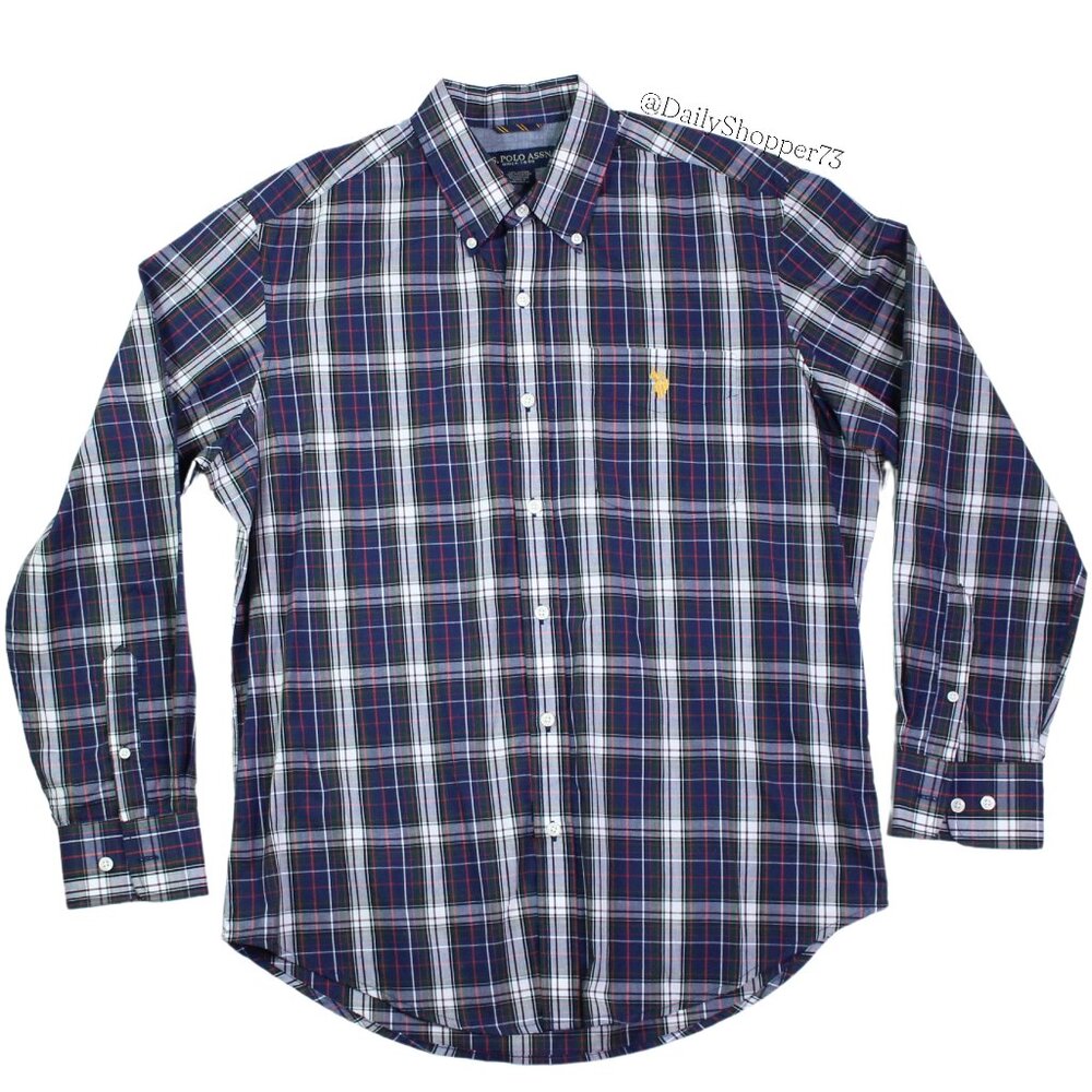 U.S. Polo Assn. Men's Cotton Blend Blue Green & Red Plaid Button Down Shirt
